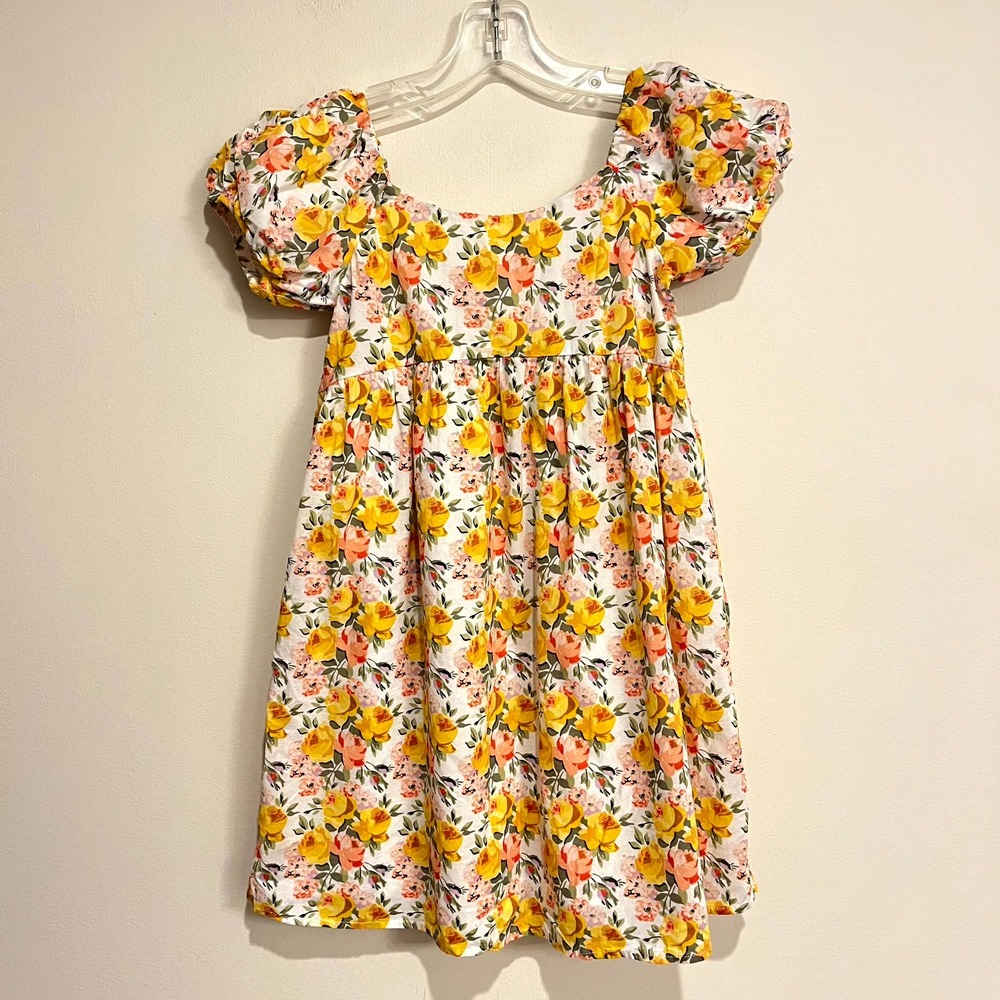 Janie and Jack Dress Pink Green Yellow Floral Puff Sleeve 100% Cotton Size 8